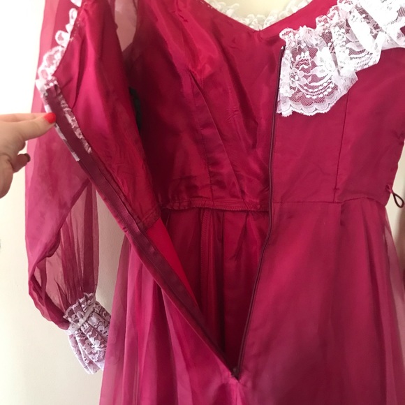 Vintage 70s Victorian Red White Lace Maxi Dress - Picture 11 of 11